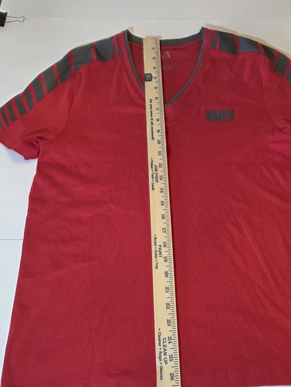 A/X Armani Exchange Red V-Neck Short Sleeve Tee with Gray Shoulder Stripes - Picture 5 of 10